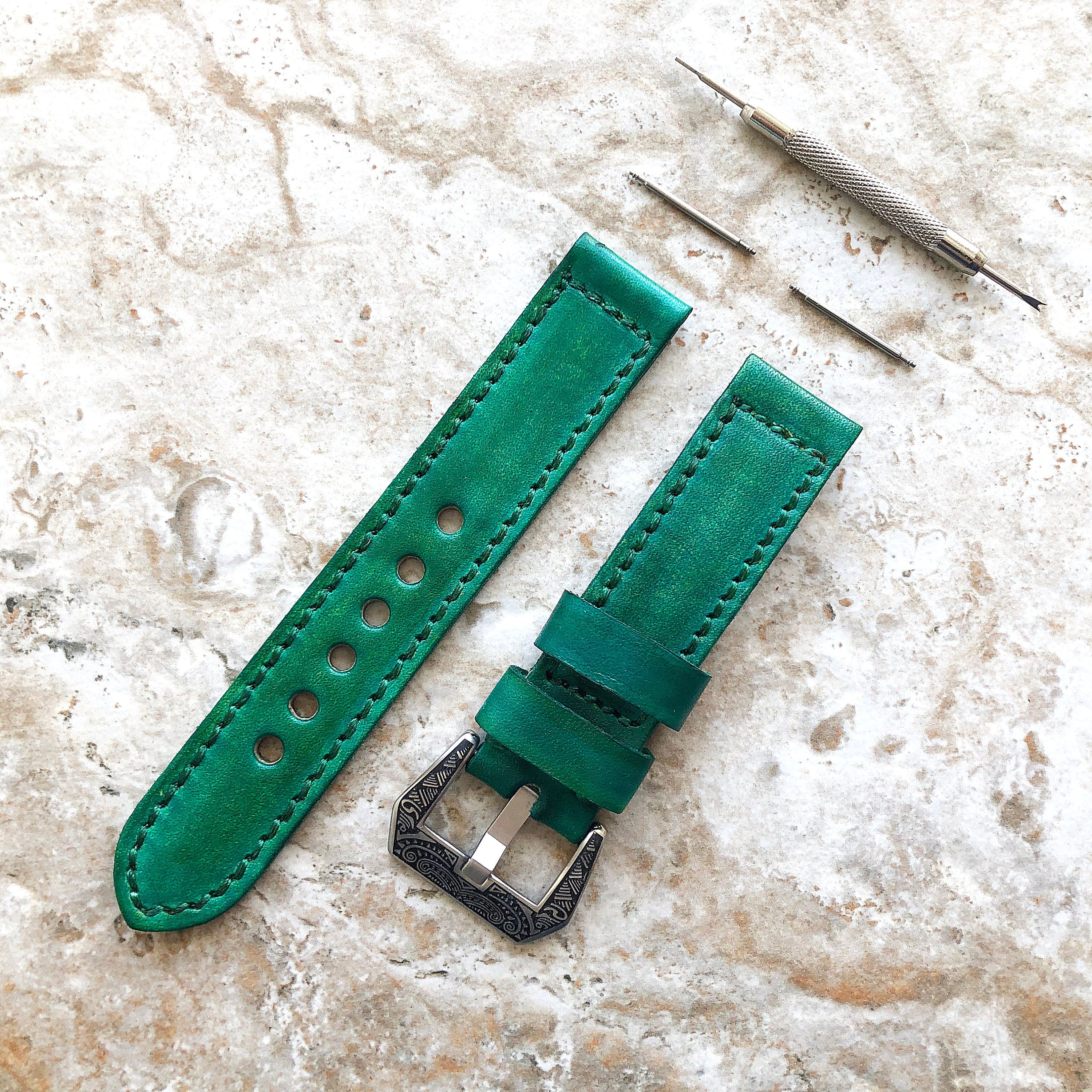 Brushed Green Color Band for Samsung Galaxy Watch Active 2 40mm 42mm 44mm Premium Leather Stitches Bracelet Wristband Strap - Pins Tool B20